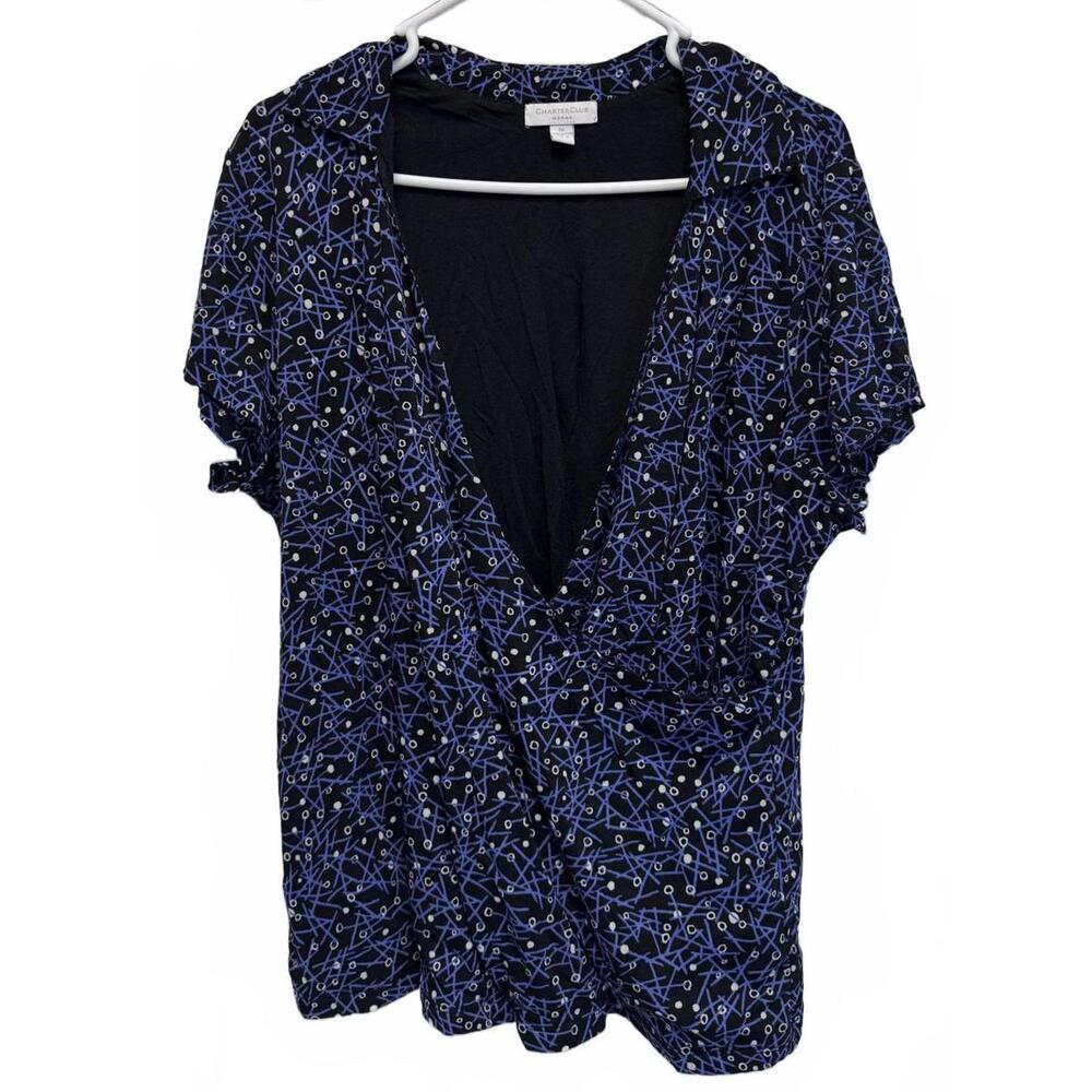 Charter Club Woman Deep V-Neck Blue and Black Pattern Blouse Plus Size 1X
